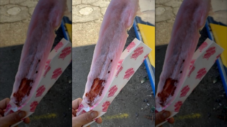 Mirrored image of hand holding Cotton Candy Bacon on a Stick