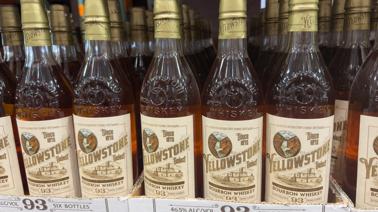 Rows of Yellowstone Bourbon on a liquor shelf
