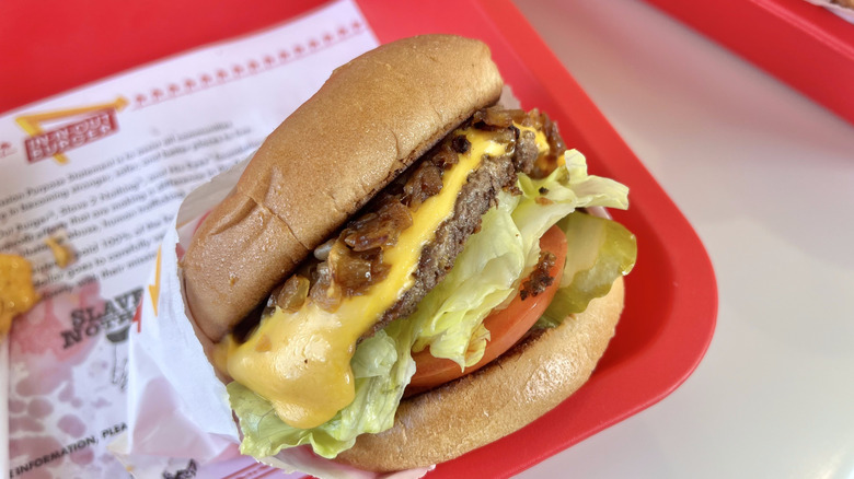 Close-up of the animal style burger