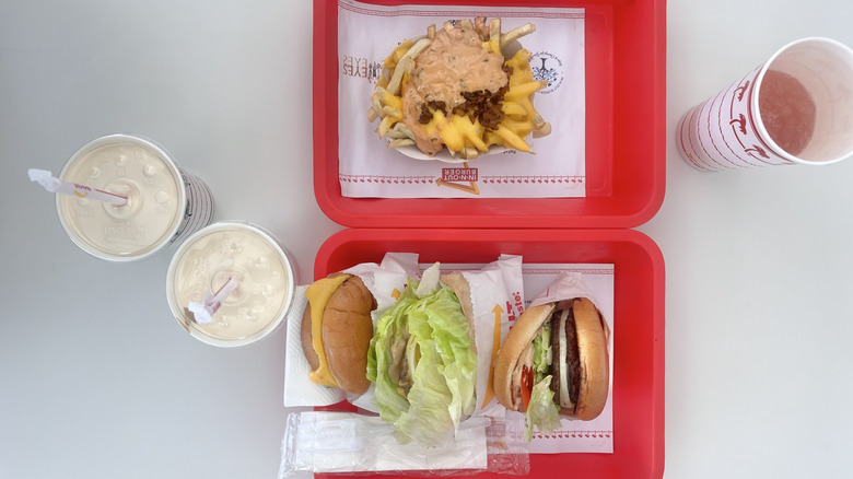 Top view of In-N-Out burgers and fries