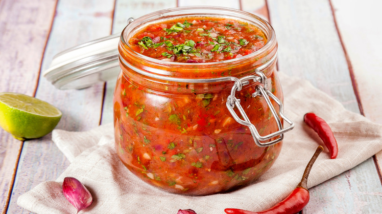 Mason jar of salsa 