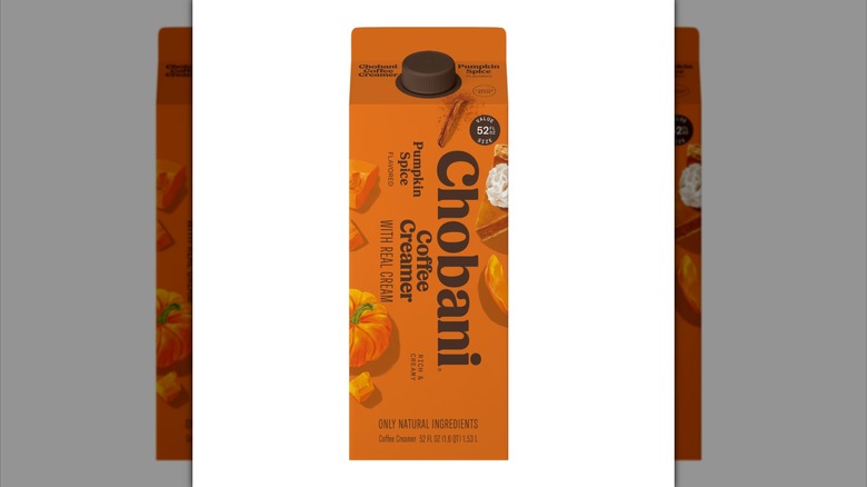 Orange carton of Chobani Pumpkin Spice Coffee Creamer