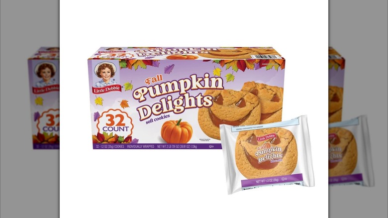 Box of Little Debbie Fall Pumpkin Delights Soft Cookies next to wrapped cookie