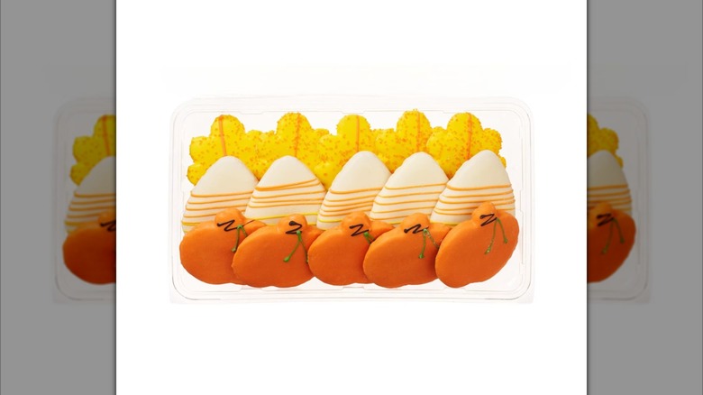 Member's Mark Fall Cut Out Cookies in rows with pumpkin, candy corn, and leaf shapes