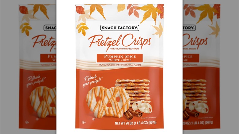 Orange bag of Snack Factory Pumpkin Spice White Creme Pretzel Crisps