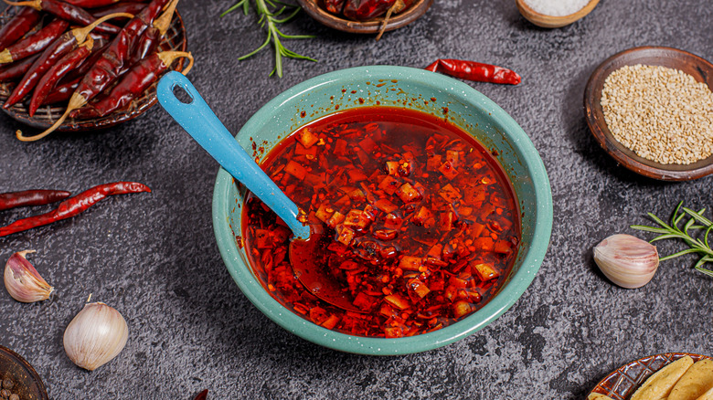Mexican salsa macha with chiles, garlic, and sesame seeds.