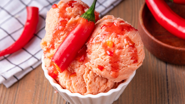 Chili pepper ice cream in a bowl