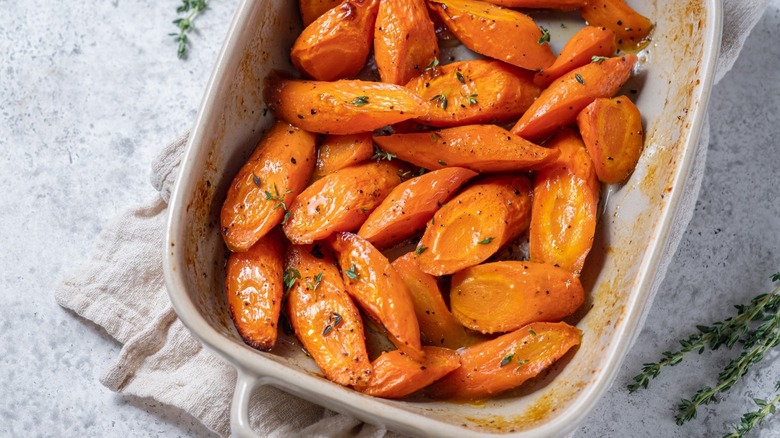 Pan of glazed roasted carrots