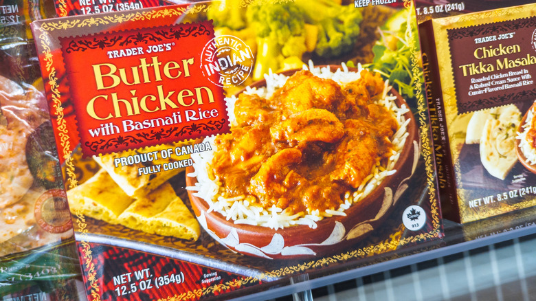 Box of Trader Joe's Butter Chicken with Basmati Rice in freezer at store