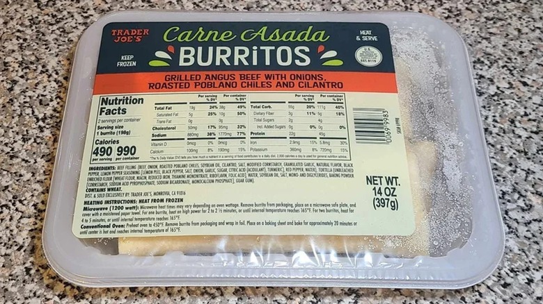 Package of Trader Joe's Carne Asada Burritos on granite countertop
