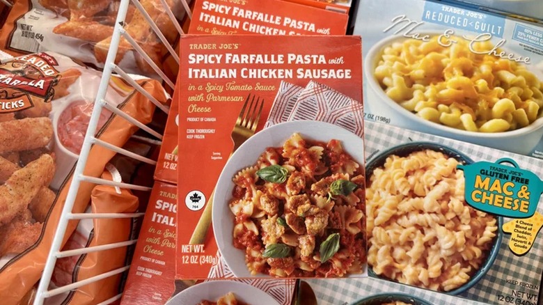Box of Trader Joe's Spicy Farfalle Pasta in freezer at store