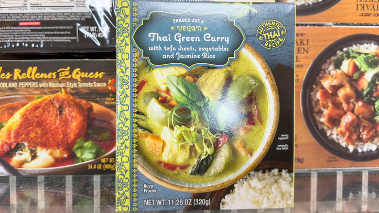Close-up of Trader Joe's vegan Thai Green Curry in freezer at the store