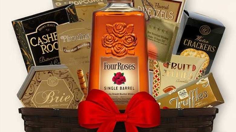 Four Roses bourbon gift basket with bourbon, chocolate, crackers