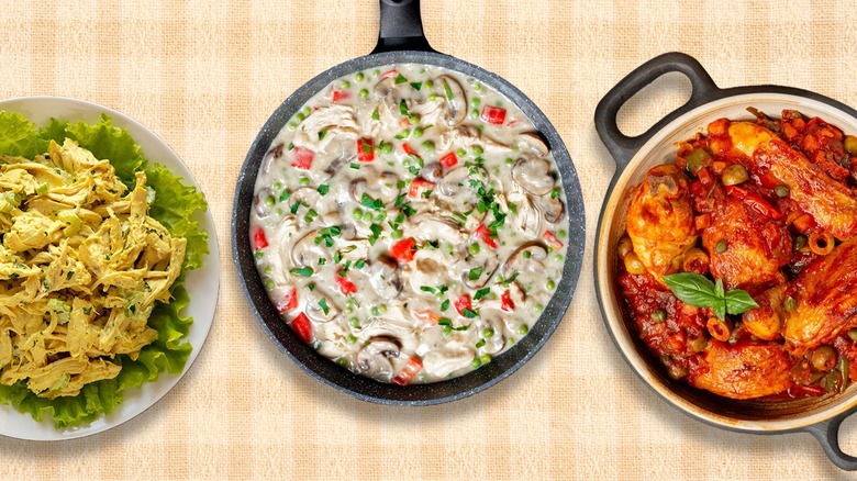 A composite image a selection of vintage chicken dishes with a beige background