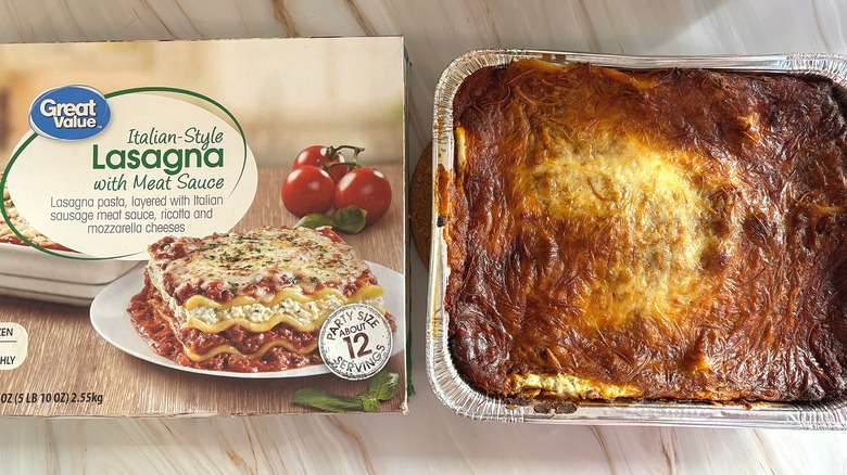 Great Value Italian-style lasagna next to packaging on table