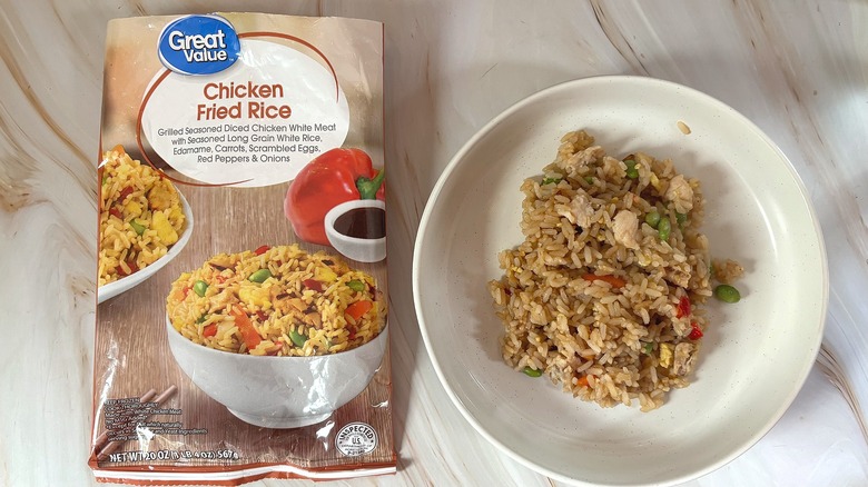 Great Value Chicken Fried Rice in white bowl next to packaging