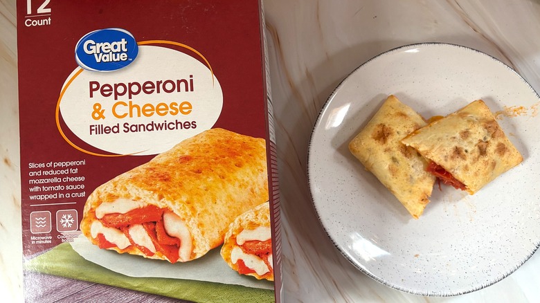 Great Value Pepperoni & Cheese Filled Sandwiches on white plate next to packaging