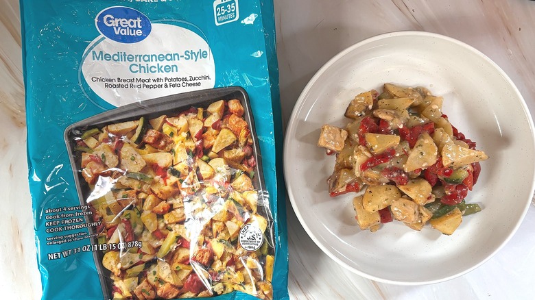 Great Value Mediterranean-Style chicken in white bowl next to packaging