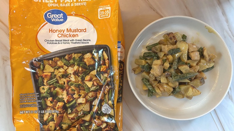 Great Value Honey Mustard chicken in white bowl next to packaging