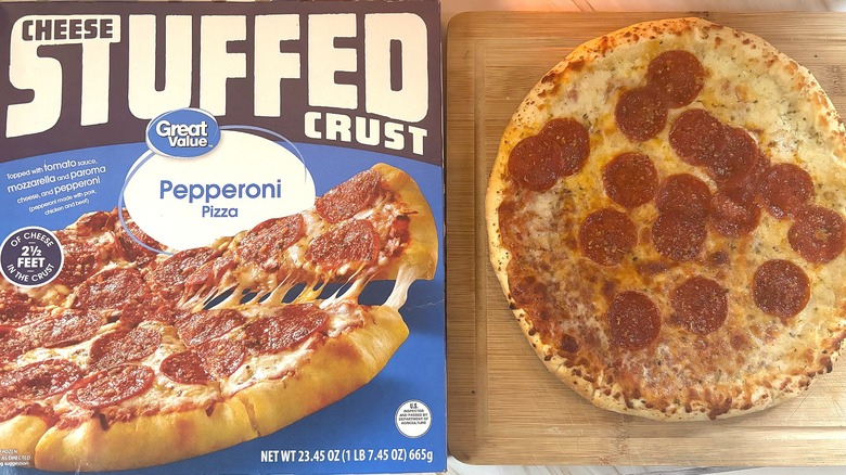 Great Value Cheese Stuffed Crust Pepperoni Pizza on cutting board next to packaging