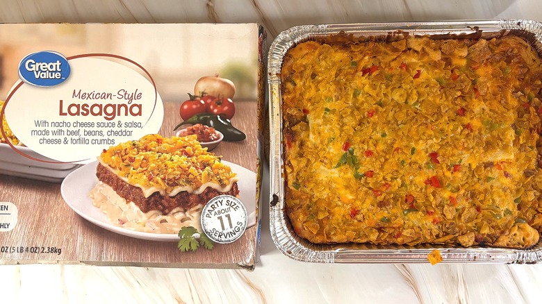 Great Value Mexican Style Lasagna next to packaging on table