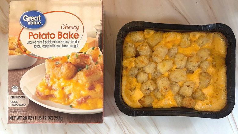 Great Value Cheesy Potato Bake next to packaging on table