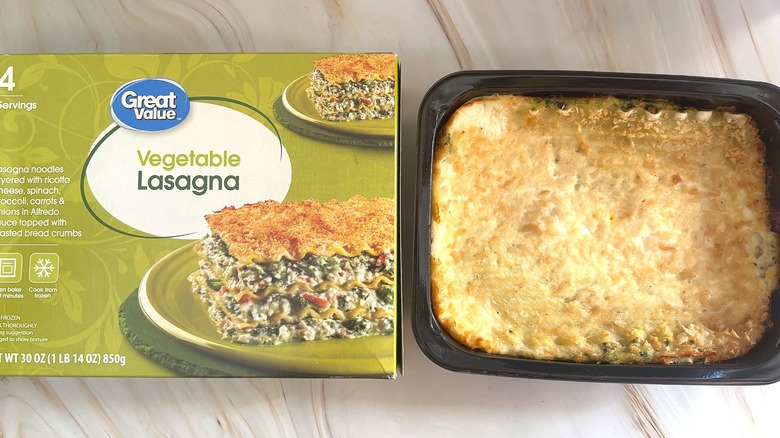 Great Value Vegetable lasagna next to packaging on table