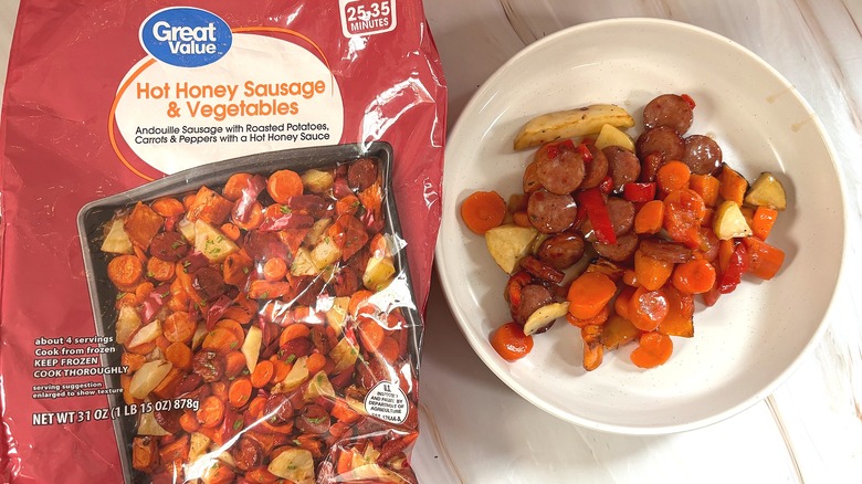 Great Value Hot honey sausage and vegetables in white bowl next to packaging