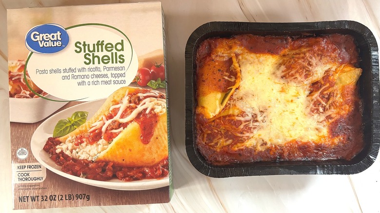 Great Value Stuffed Shells next to packaging on table