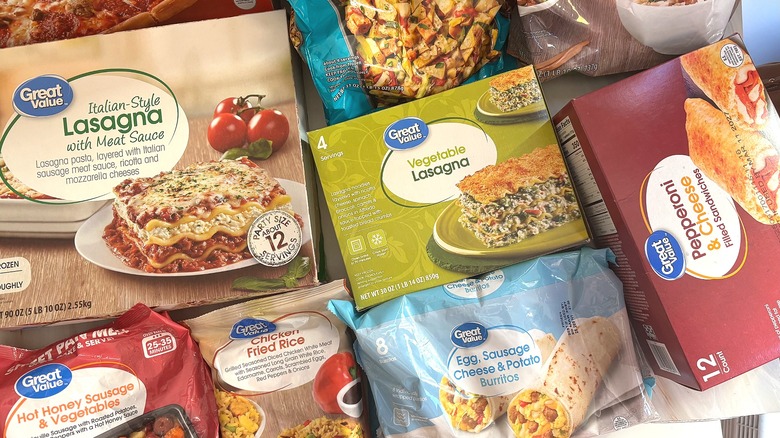 Top-down shot of an array of Great Value frozen meals