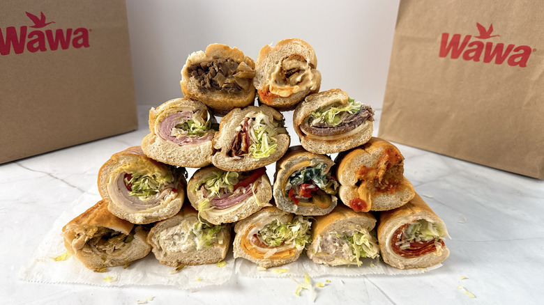 14 wawa hoagies, stacked