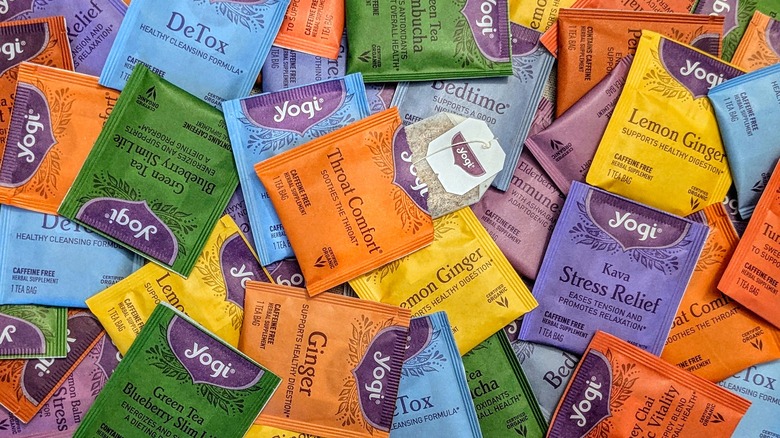 A variety of colorful Yogi tea bags filling the frame