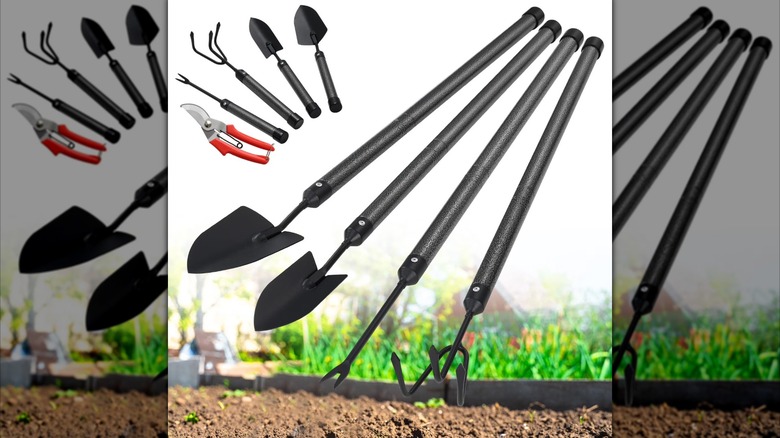 Image of small garden tools in the top right corner, and a larger version of the same tools in the center