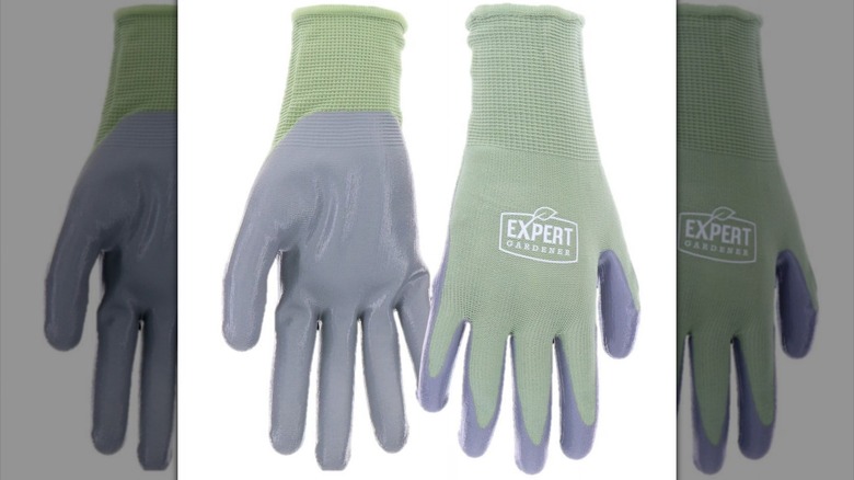 Gray and green gardening gloves