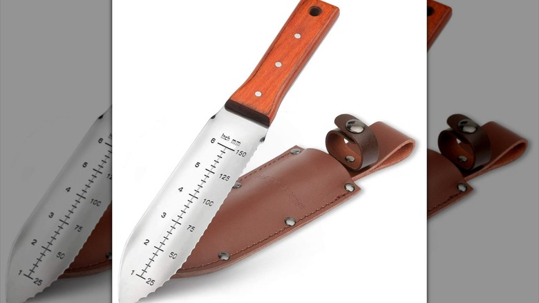 Serrated gardening knife with measuring markings and wooden handle
