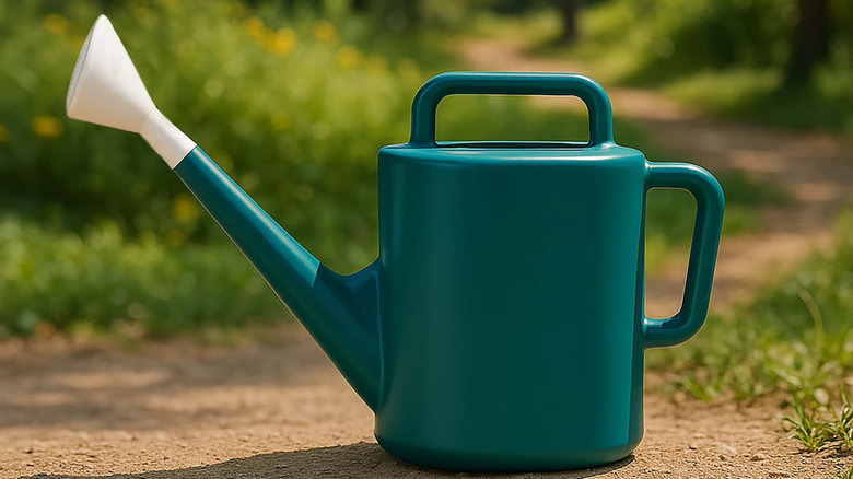 Green watering can with a white nozzle, pictured on a blurred natural background