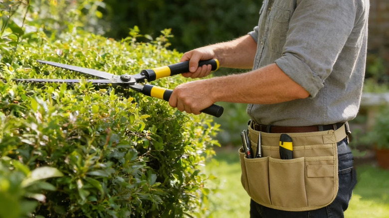 A man cutting a hedge while wearing a beige tool apron