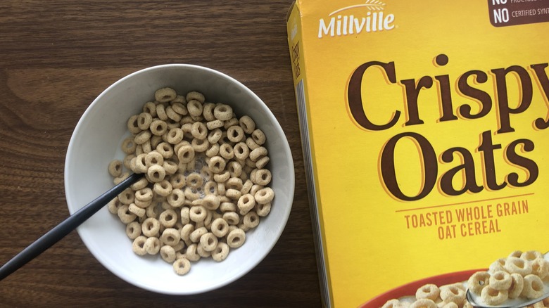 Bowl of Crispy Oats with milk and spoon