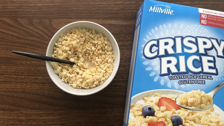 Bowlful of Millville Crispy Rice with milk and spoon