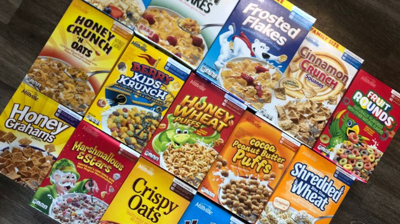different Aldi Millville brand cereal boxes laid out