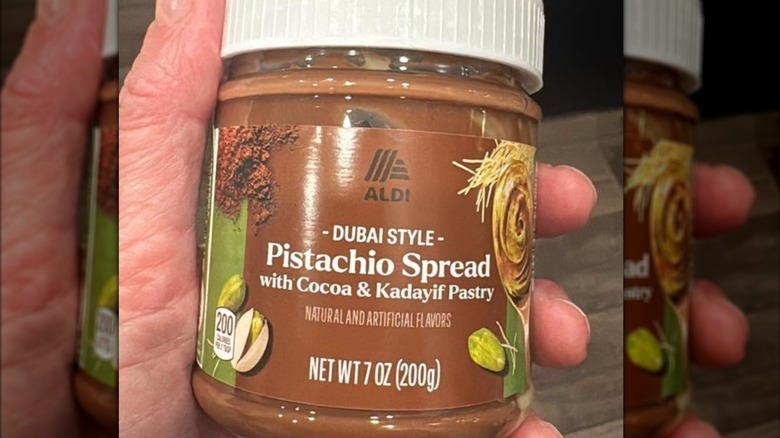 A container of Aldi brand Dubai style pistachio spread