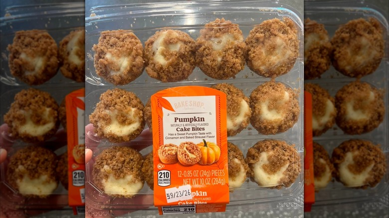 A plastic package of Aldi Bake Shop Pumpkin Cake Bites