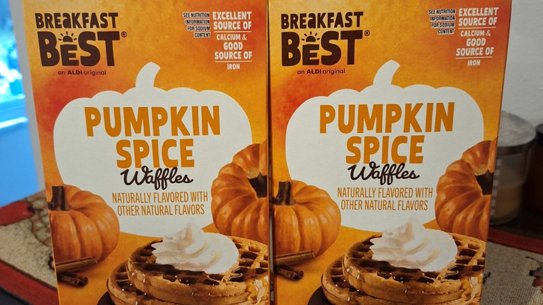 Two boxes of Aldi Breakfast Best Pumpkin Spice Waffles on a table