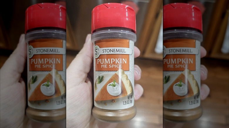 A person holding up a jar of Stonemill Pumpkin Pie Baking Spice from Aldi