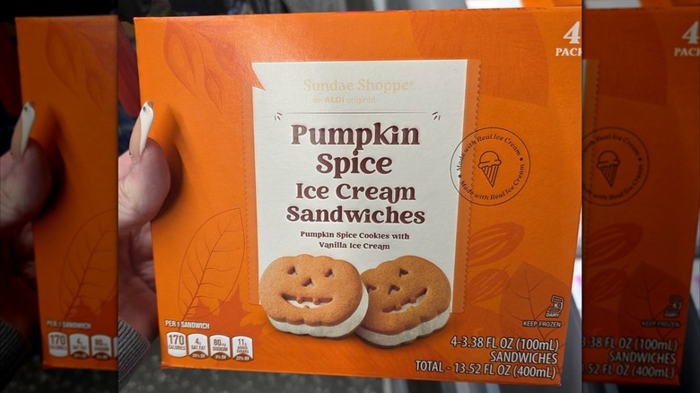 A box of Aldi Sundae Shoppe Pumpkin Spice Ice Cream Sandwiches