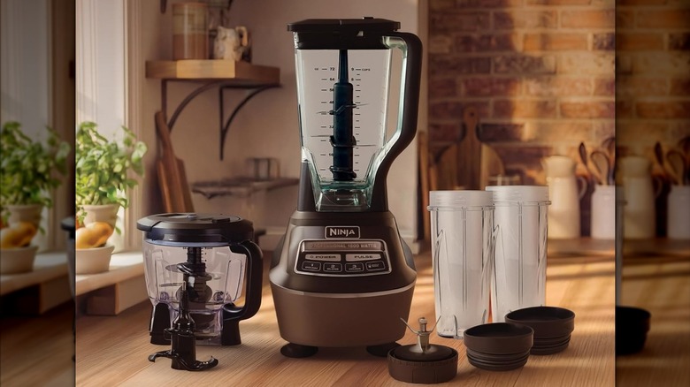 A large Ninja blender on a kitchen counter with numerous attachments