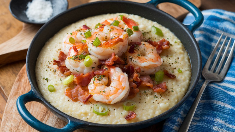 A dish of shrimp and grits topped with bacon and scallions