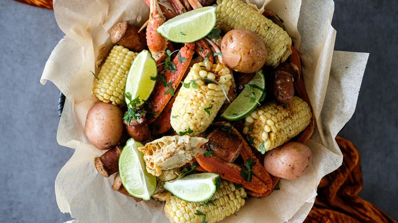Cajun crab boil with corn and potatoes