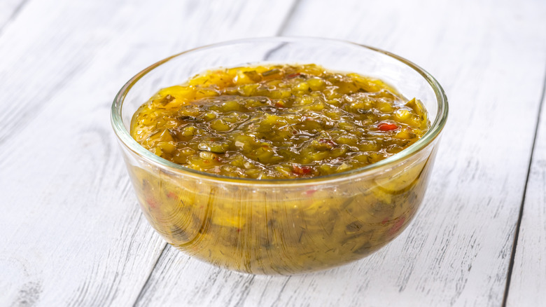 Pickled relish in glass bowl