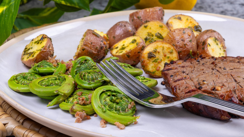 Fiddlehead ferns on plate with fork alongside potatoes and meat